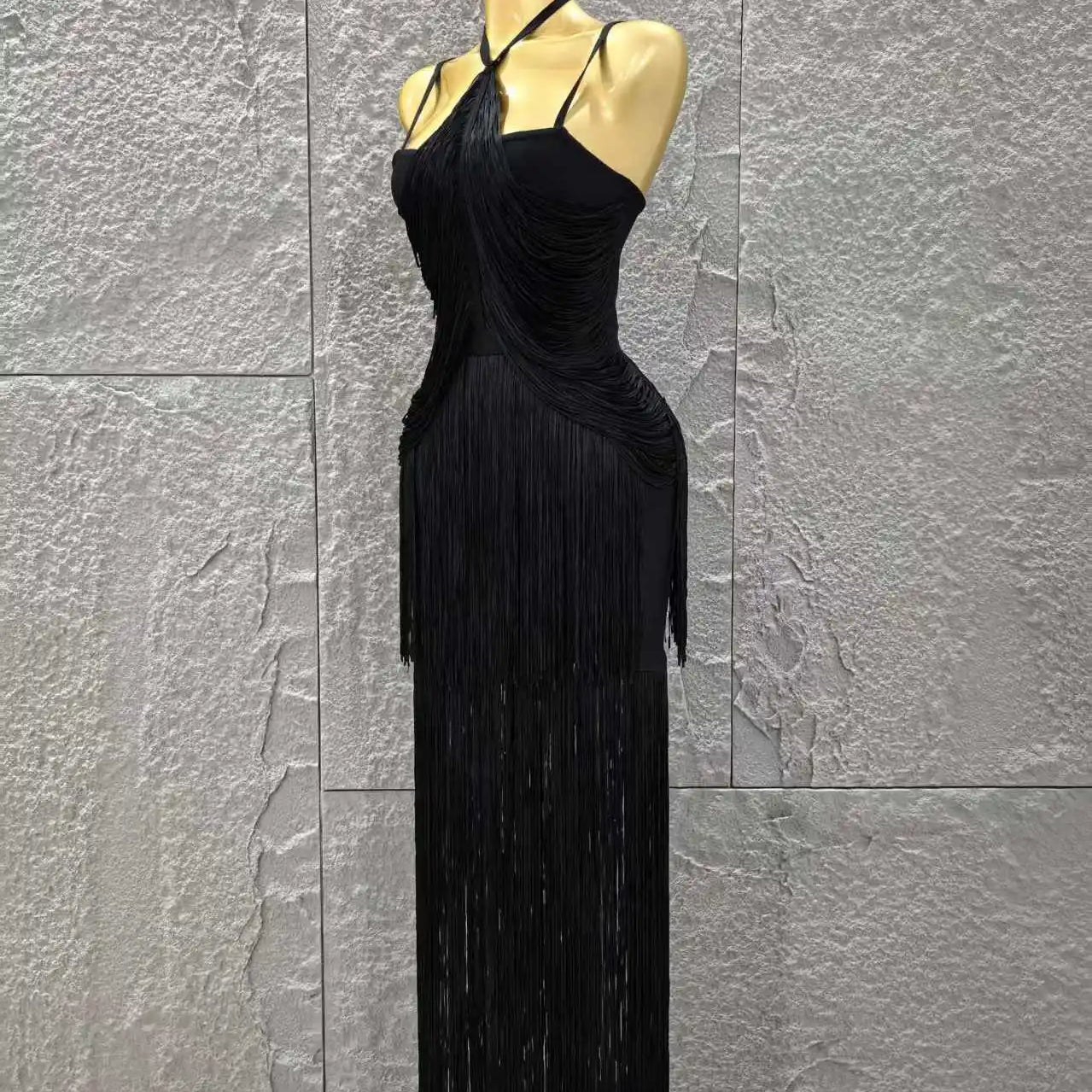 Black Color Women Sleeveless Sexy V-Neck Tassels Bodycon Long Bandage Dress Celebrate Evening Party Cocktail Outfit Vestido
