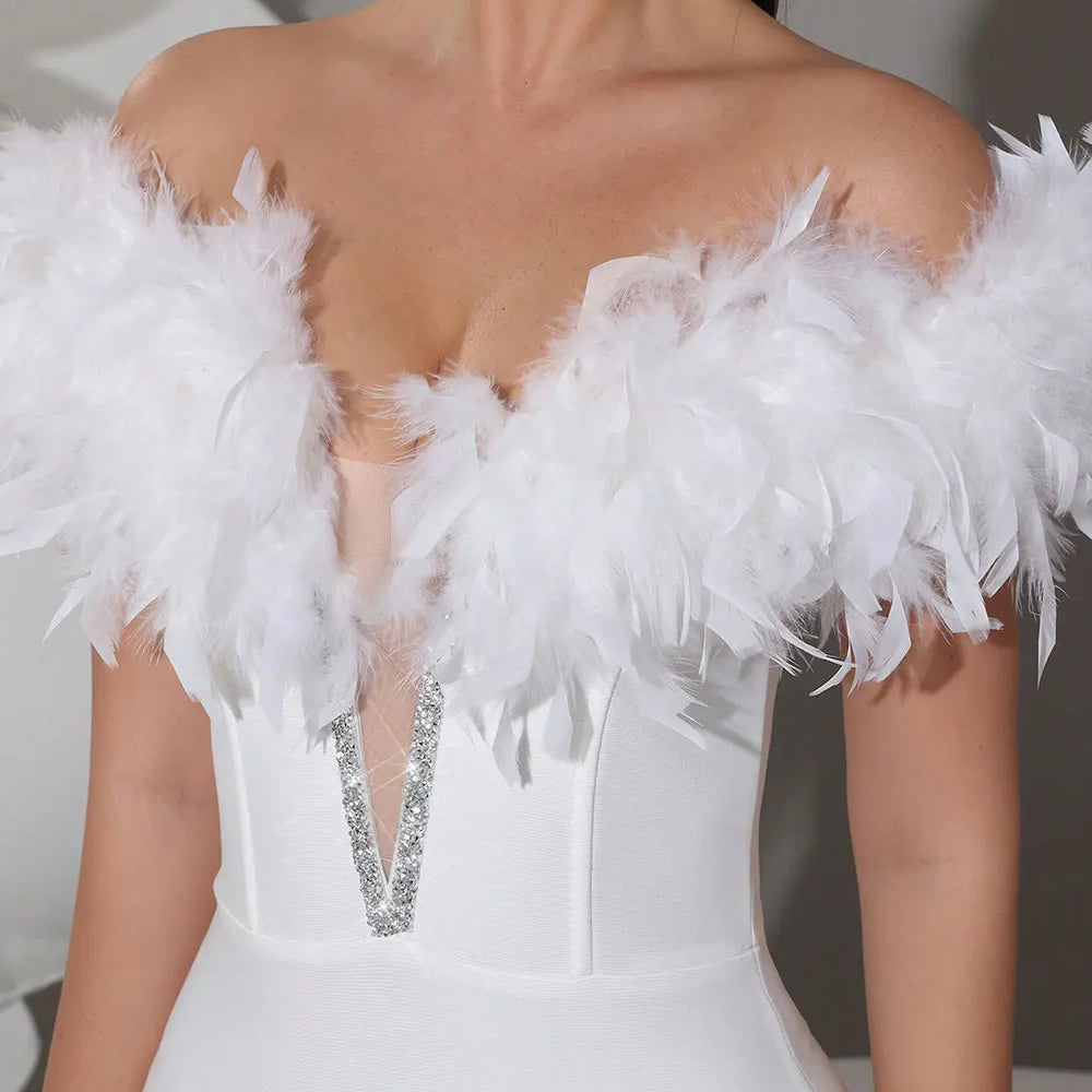 2025 Spring Sexy Women's Light Luxury Feather Design Bandage Dress One Collar Shoulder Bodycon Bareback Dresses Party Vestidos