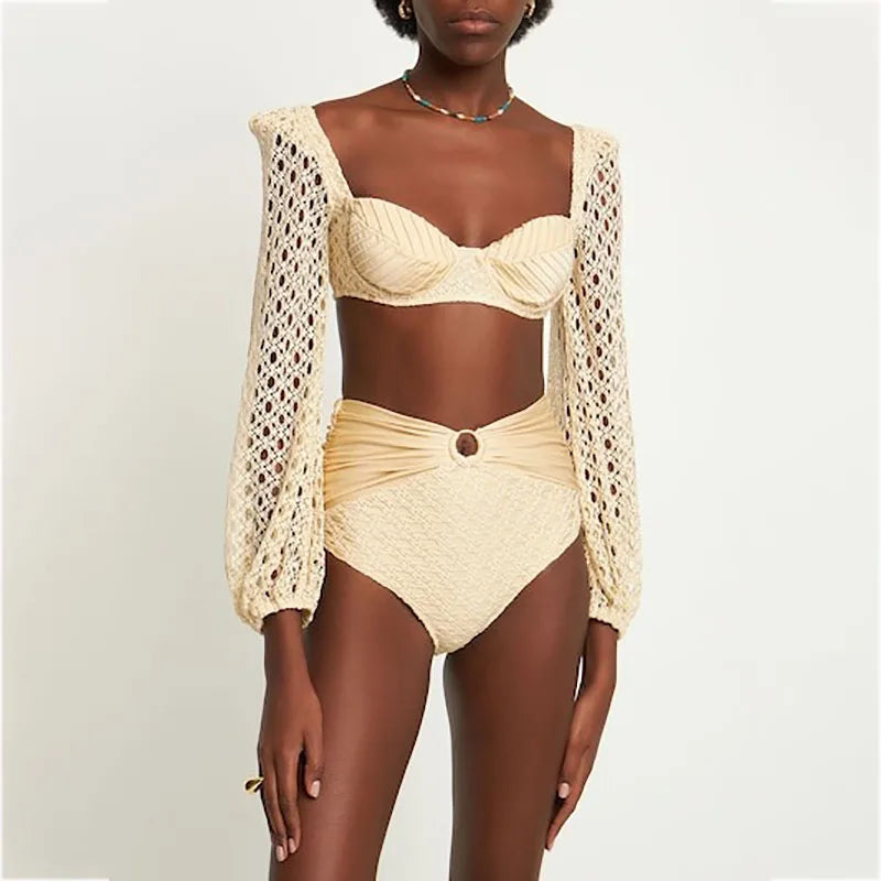 Knit Mesh Crochet Long Sleeve Bikini Sets Cut Out Stretch Swimsuit Cover Up Luxury Swimwear Women's Beach Outfits Beachwear 2024