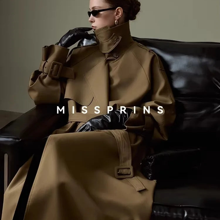 Lautaro Spring Autumn Long Khaki Trench Coat for Women Belt Double Breasted Chic Luxury Designer European Fashion Clothes 2025 Deep Khaki