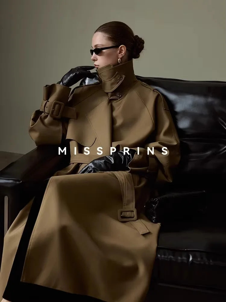 Lautaro Spring Autumn Long Khaki Trench Coat for Women Belt Double Breasted Chic Luxury Designer European Fashion Clothes 2025 Deep Khaki