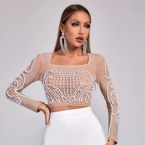 Top Celebrity Black White Two Pieces Set Pearl Beading Hollow Out Rayon Bandage Dress Party Fashion Dress Vestidos tops