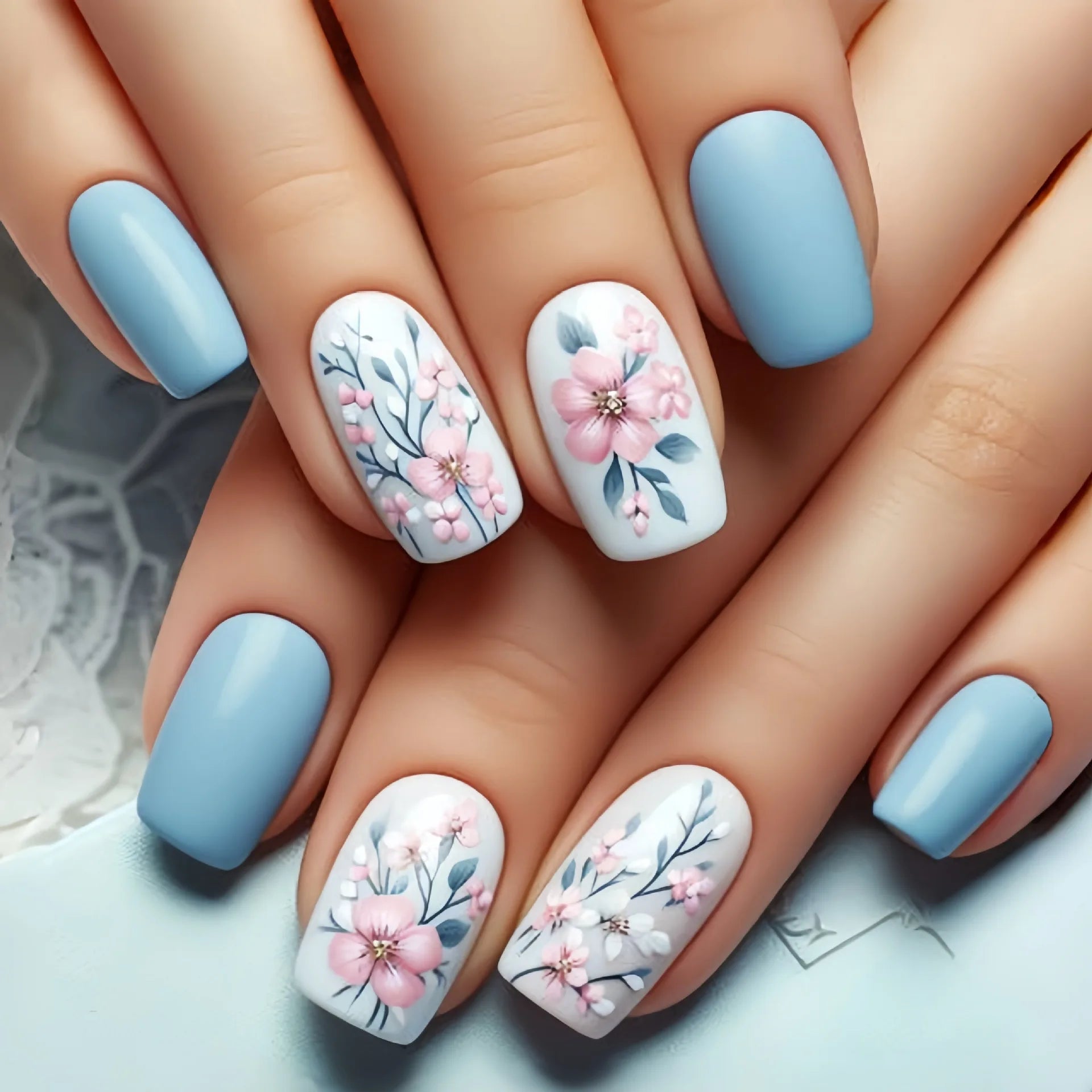 24Pcs Fake Nails Mid-length Ballet Press on False Nails with Blue Flowers Design Fashion Nails Set Detachable Nail Spring/Summer 3