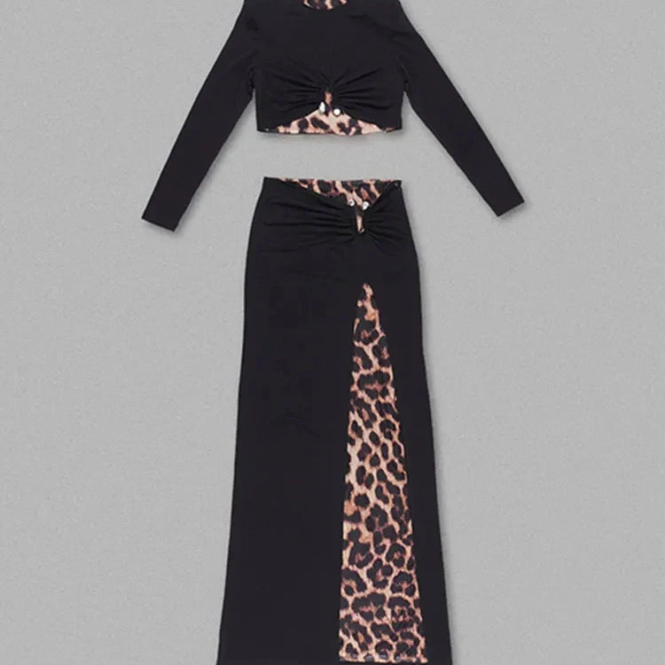Women Celebrity Sexy Long Sleeve Leopard Black Maxi Long Skirt Bandage Set Elegant Evening Club Party Outfits