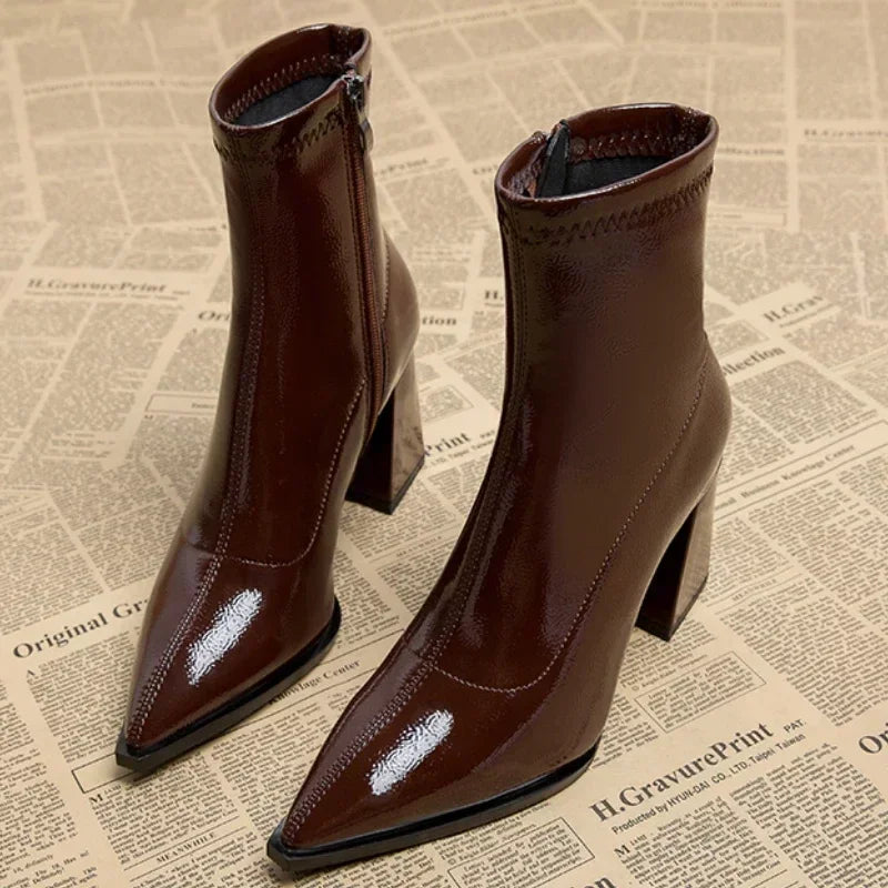 Hot Sale Shoes Female Zipper Winter Women's Boots Pointed Toe Solid Plus Velvet Warm Short Barrel High Heels British Boots brown velvet