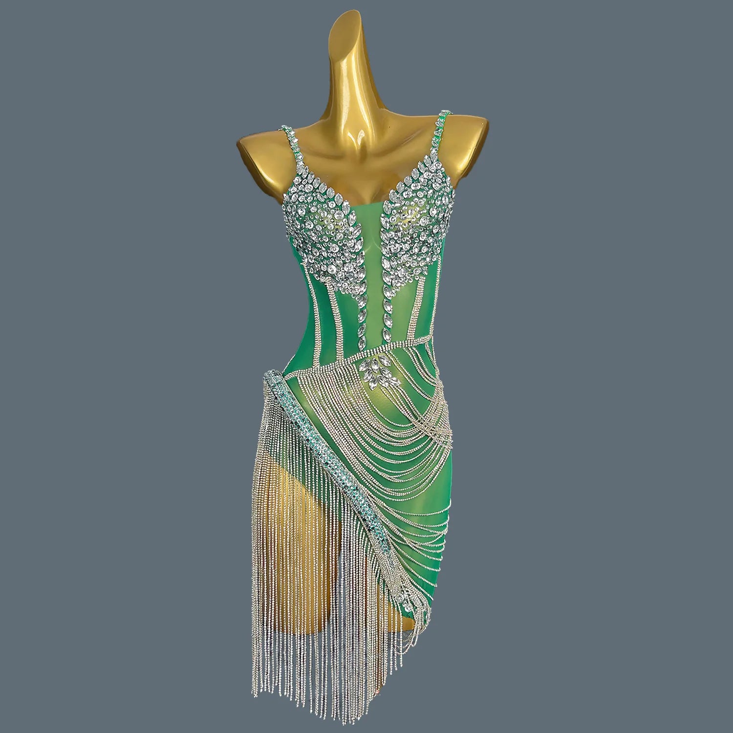 Women Shiny Gold Crystal Chain Diamonds Dress Elastic Sexy Mini Night Club Performance Costume Birthday Party Dress Tassel Liehu green