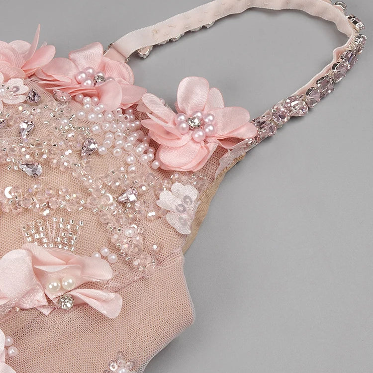 Diamond Beaded Spaghetti Strap Long Dress Pearls Sequins Structured Flowers High Split Sheer Mesh Trendy Celebrity Party Gown