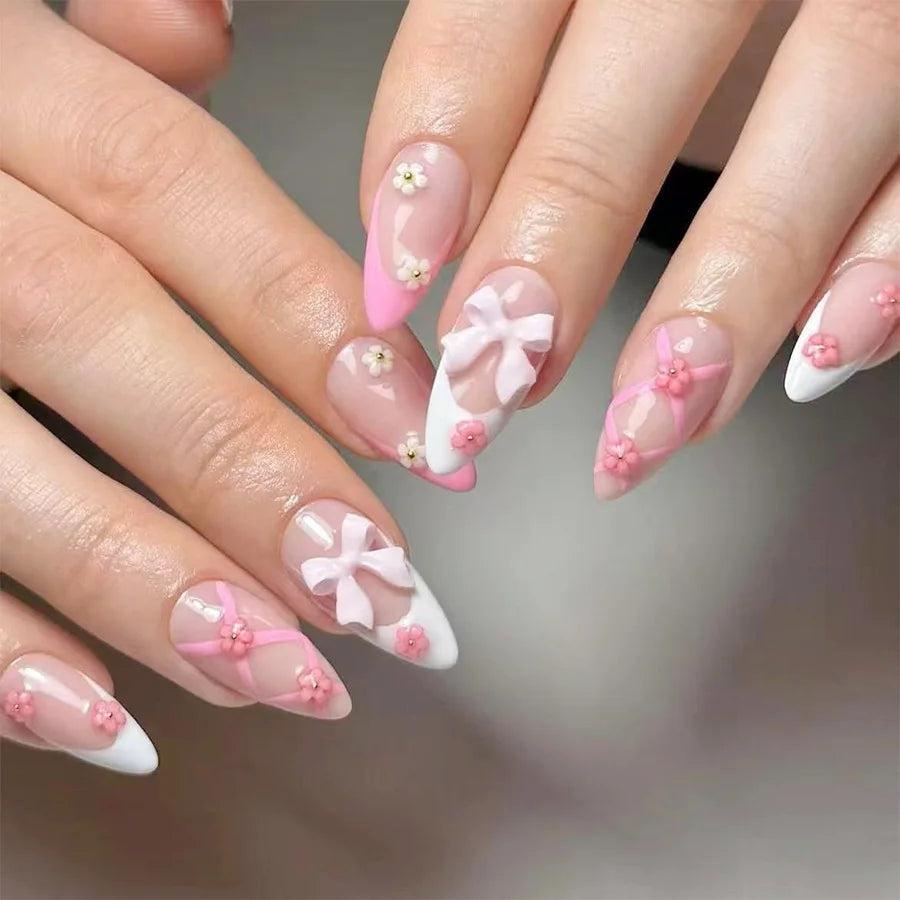 24pcs/set Short Medium fake nails for women girls 3D cute pink bow flowers leopard french square almond tips press on false nail 2561