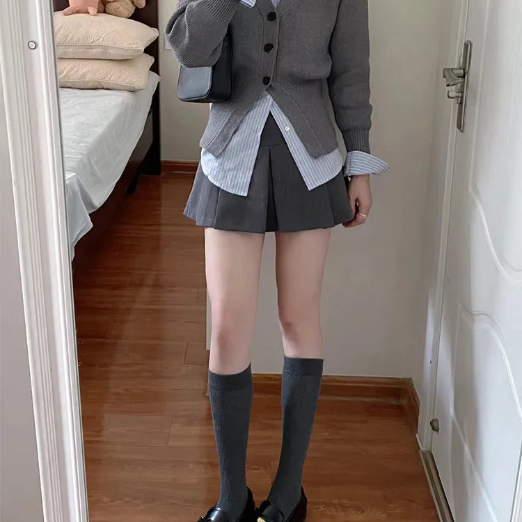 Preppy Style Sweet Wind Suit 3 Piece Set Female Student Korean Striped Blouses + Knitwear Cardigan + Korea A-Line Skirt Coquette