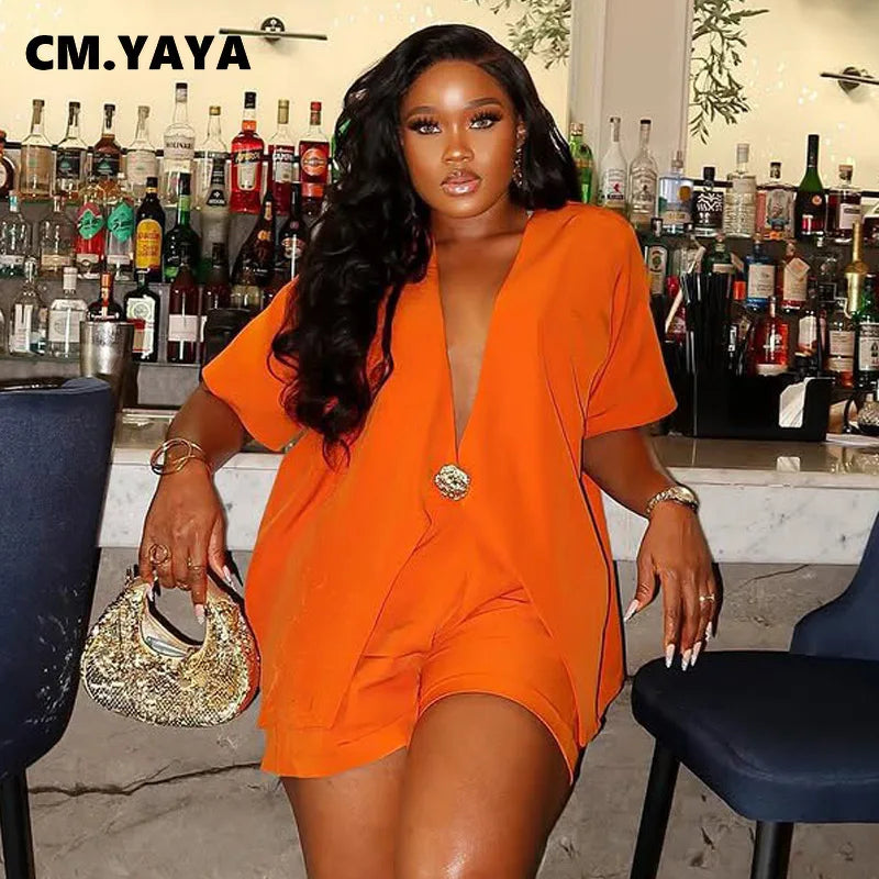 Women Set v-neck Short Sleeve Shirts blazers +Shorts suits Two 2 Piece Sets Fashion 2025 OL Work Outfit Tracksuit Summer