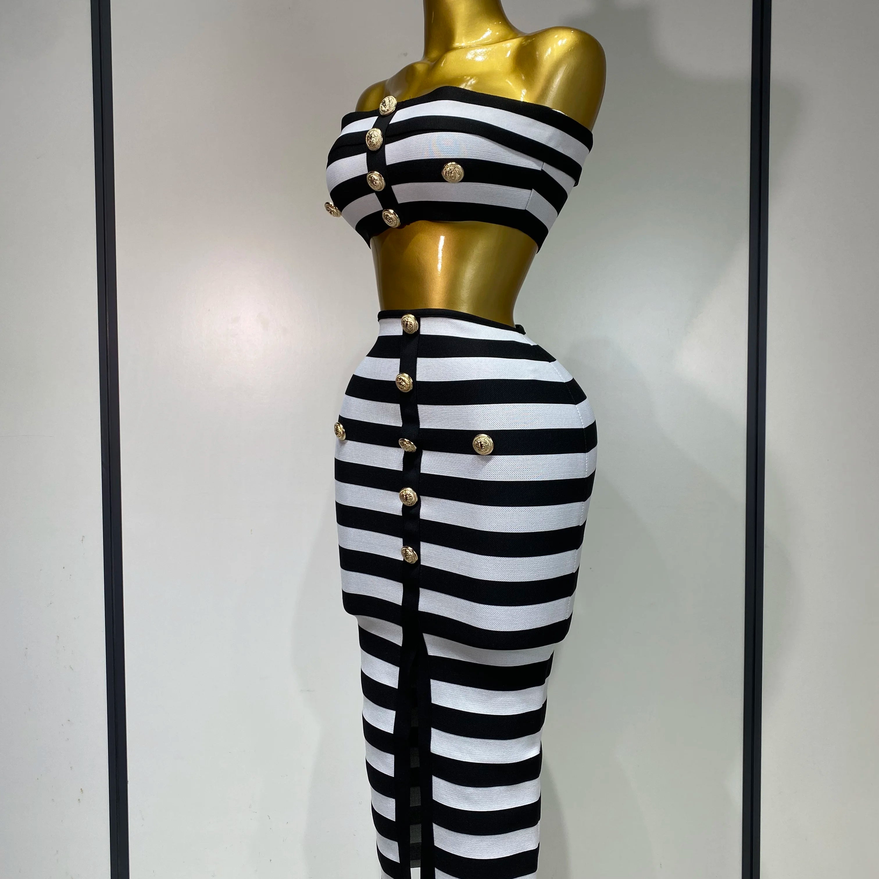 Women Sexy Off Shoulder Striped Button Two Piece Mini Bandage Set 2025 Celebrity Designer Evening Party Luxury Birthday Outfit