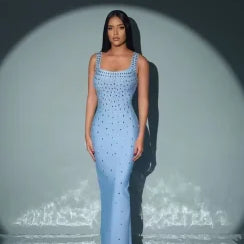 Black Skyblue Women Sleeveless Sexy O-neck Shinning Crystal Bodycon Bandage Long Dress Celebraate Nigthclub Party Outfit