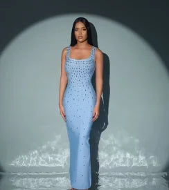 Black Skyblue Women Sleeveless Sexy O-neck Shinning Crystal Bodycon Bandage Long Dress Celebraate Nigthclub Party Outfit