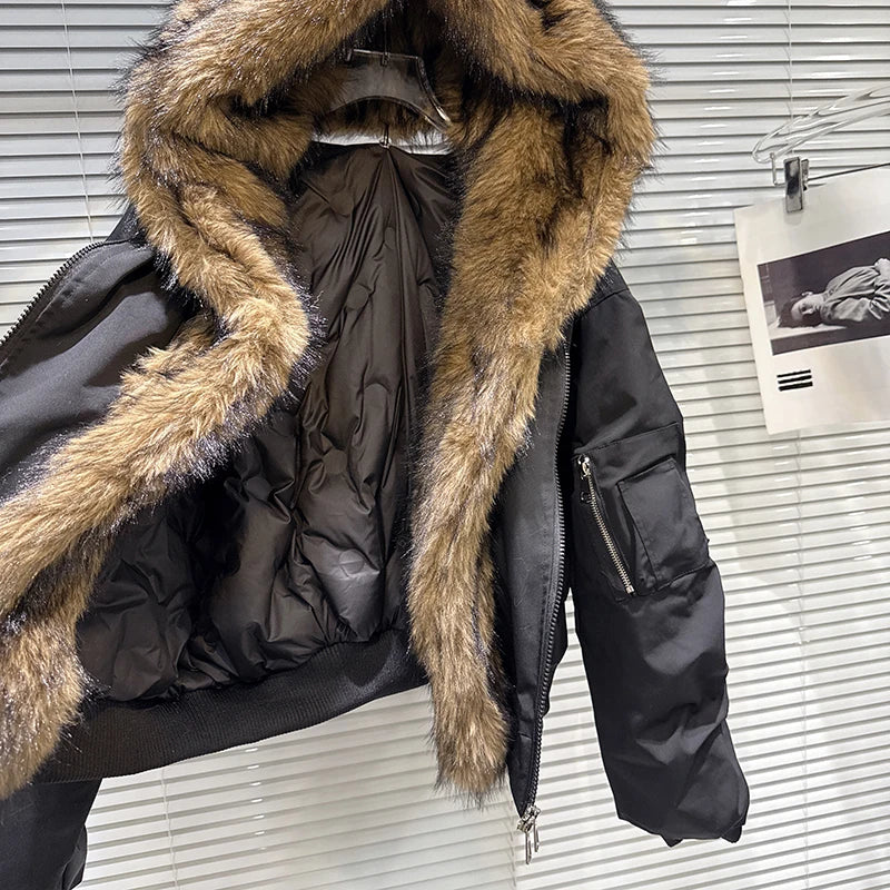 Winter New Fashion Furry Patchwork Motorcycle Cotton-padded Jacket For Women Hooded Zipper Warm Coat Female 11A07604