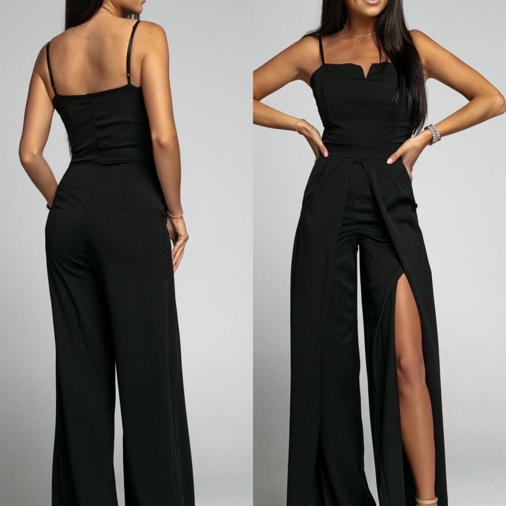Summer Fashion Jumpsuit Women Sexy Suspender Bra Sleeveless High Waist Split Wide Leg Pants Elegant Temperament Jumpsuit Women