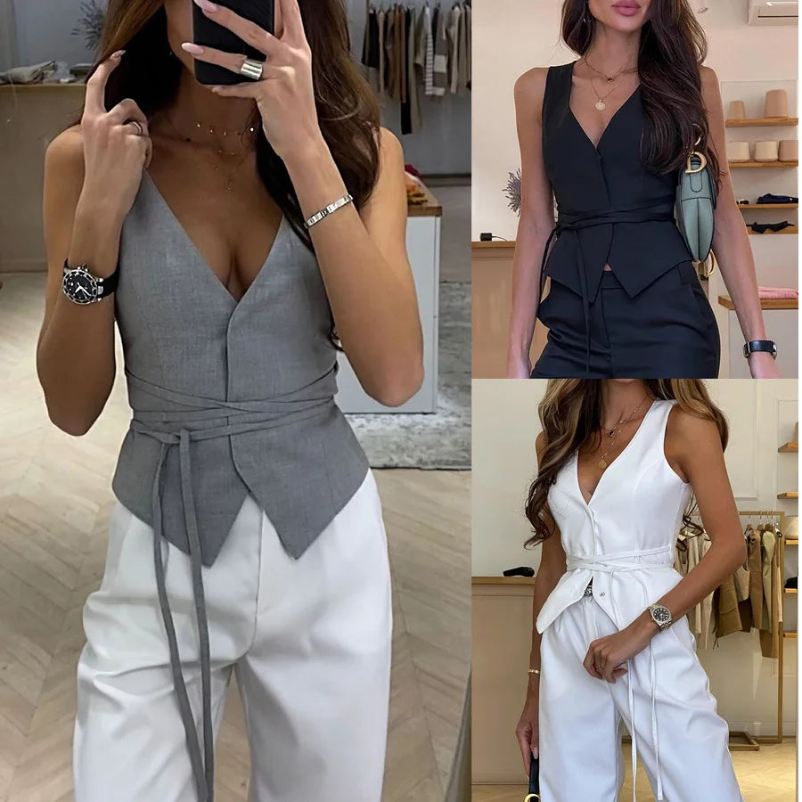 new Fashionable Sexy Women's Tops V-neck Vest Slim Sleeveless office Lady Vest Solid Color Lace-up tanks