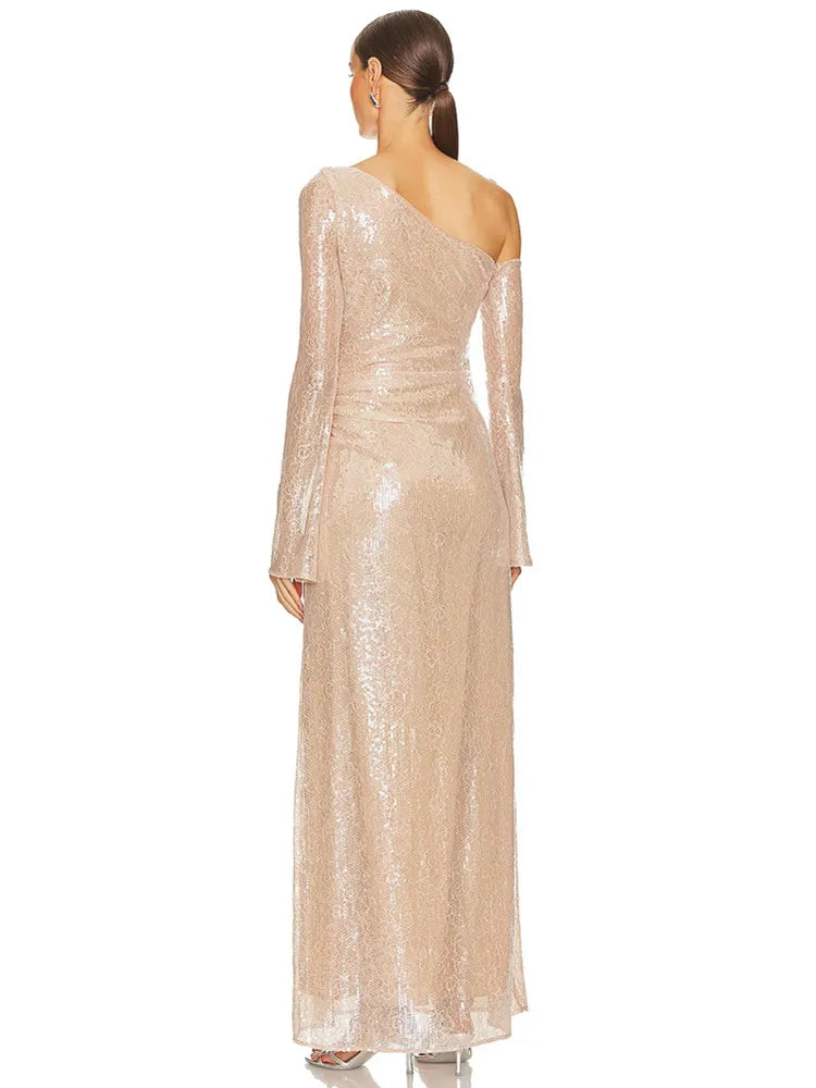 Chic Luxury Women Celebrity Sexy One Shoulder Beige Mesh Sequins Maxi Long Gowns Dress 2025 Elegant Evening Party Club Vestido