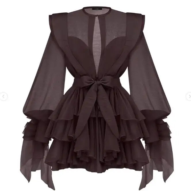 Slimming Spliced Ruffles Folds Dresses for Women Round Neck Long Sleeves Patchwork Button Dress Female Fashion New COFFEE