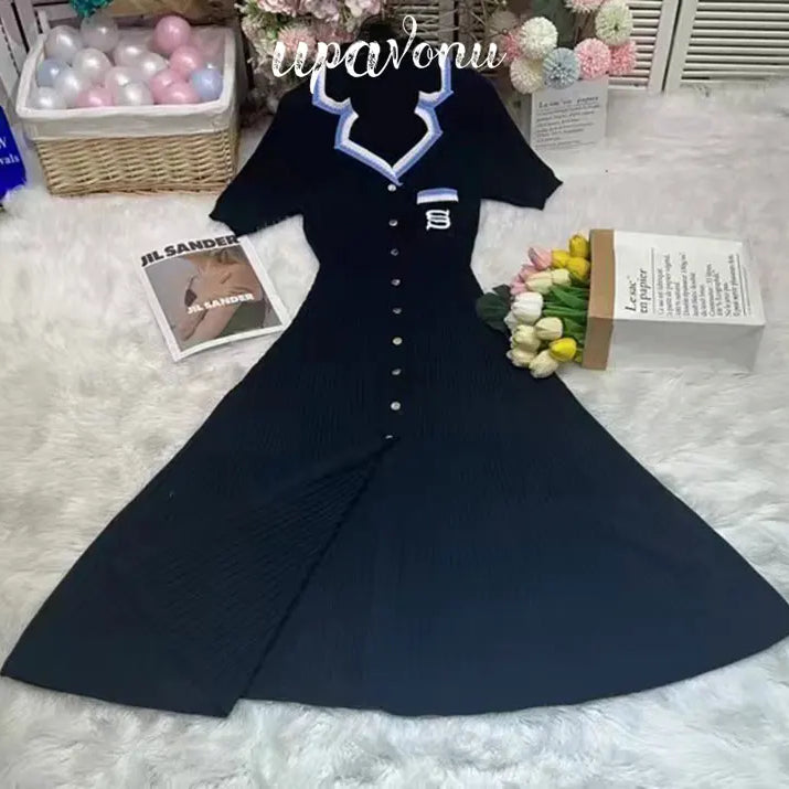 Elegant Women's Slim Fit Knitted Dress Fashionable Polo Neck Short Sleeve Single breasted Design Split Knitted Mid length Dress black