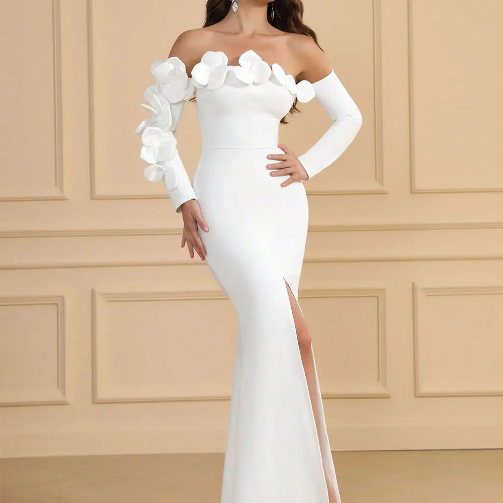 2025 Spring Sexy Women's 3D Flower Bandage Dress with One Collar Long Sleeve Bodycon Bareback Long Split Dresses Party Vestidos WHITE