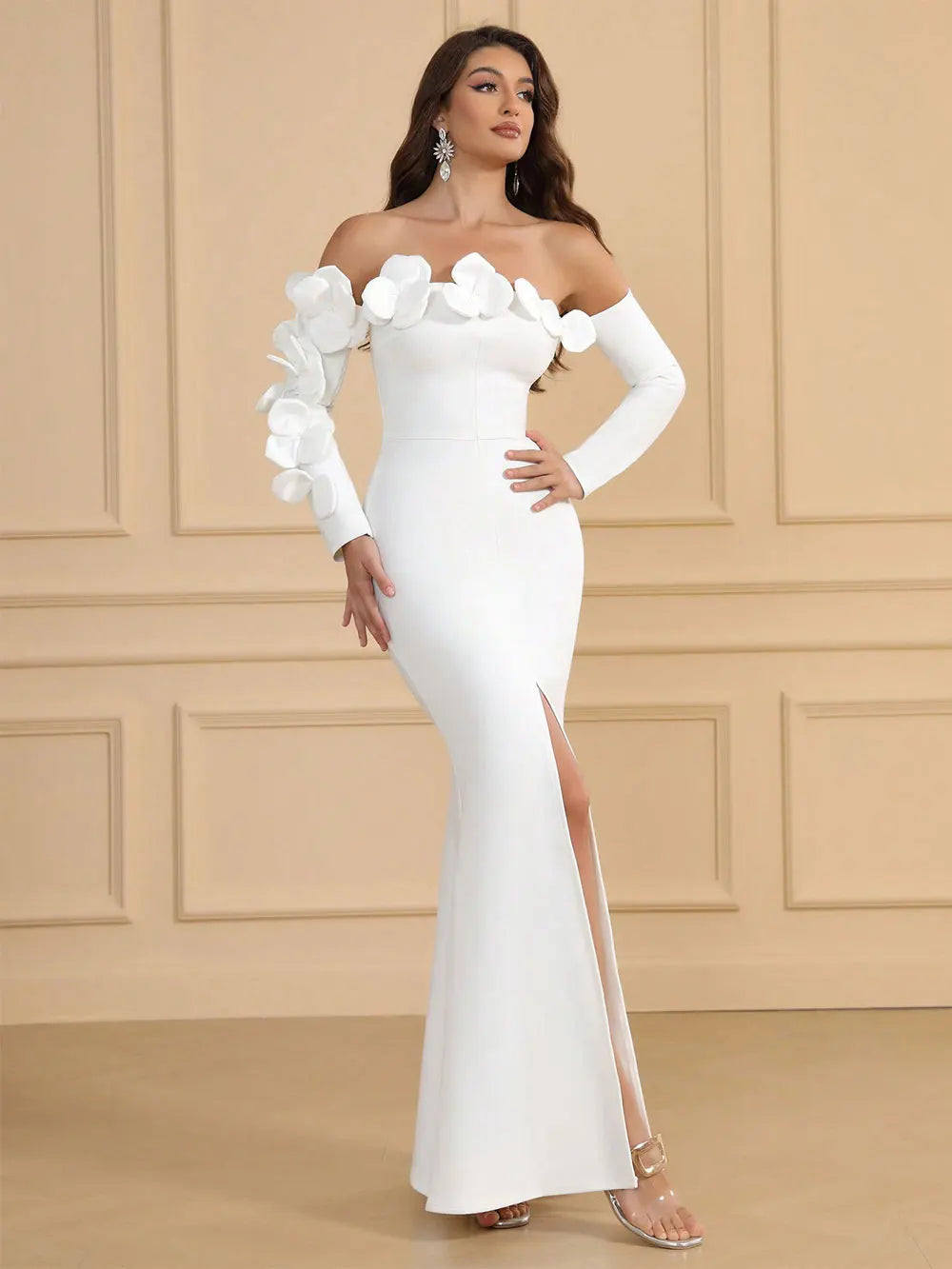 2025 Spring Sexy Women's 3D Flower Bandage Dress with One Collar Long Sleeve Bodycon Bareback Long Split Dresses Party Vestidos WHITE