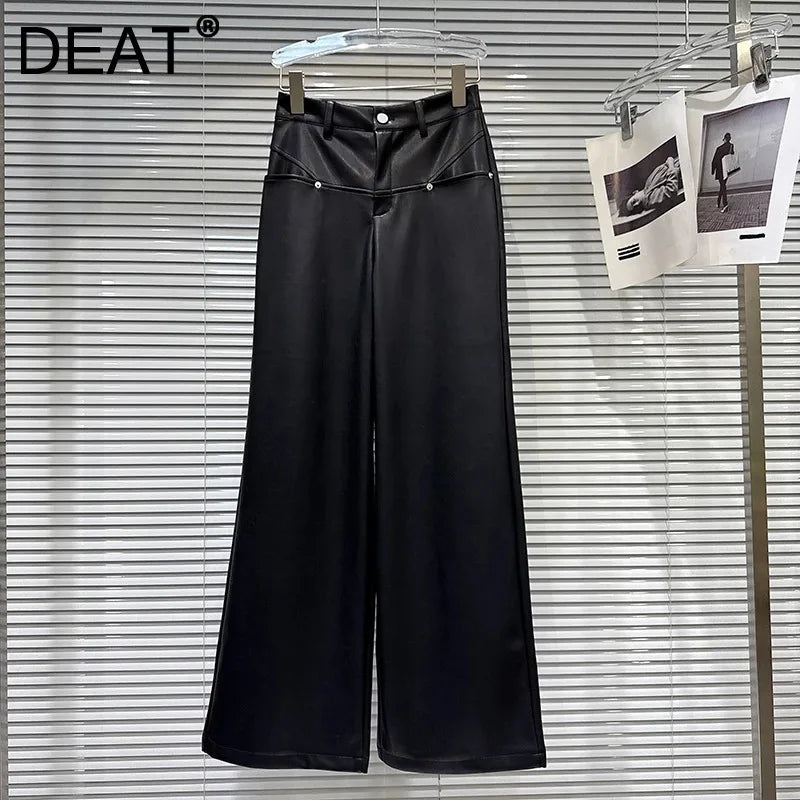 Winter New Fashion Metal Rivet Design PU Leather Pants For Women High Waist Loose Wide-Leg Casual Pant 11A07827