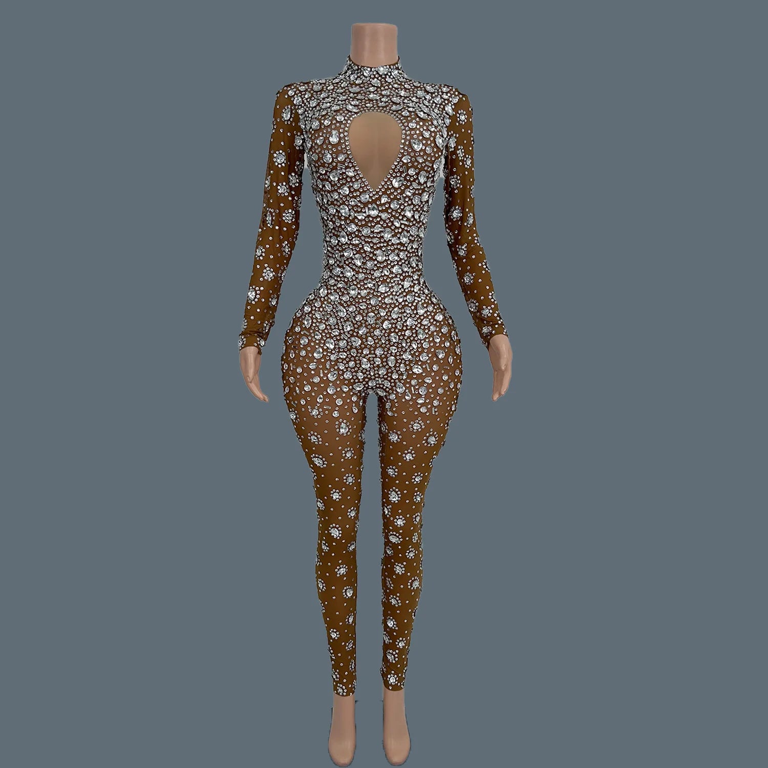 Sparkly Rhinestone See Through Mesh Tight Fitting Jumpsuit Women Night Party Outfit Female Singer Stage Performance Wear Cuican Brown