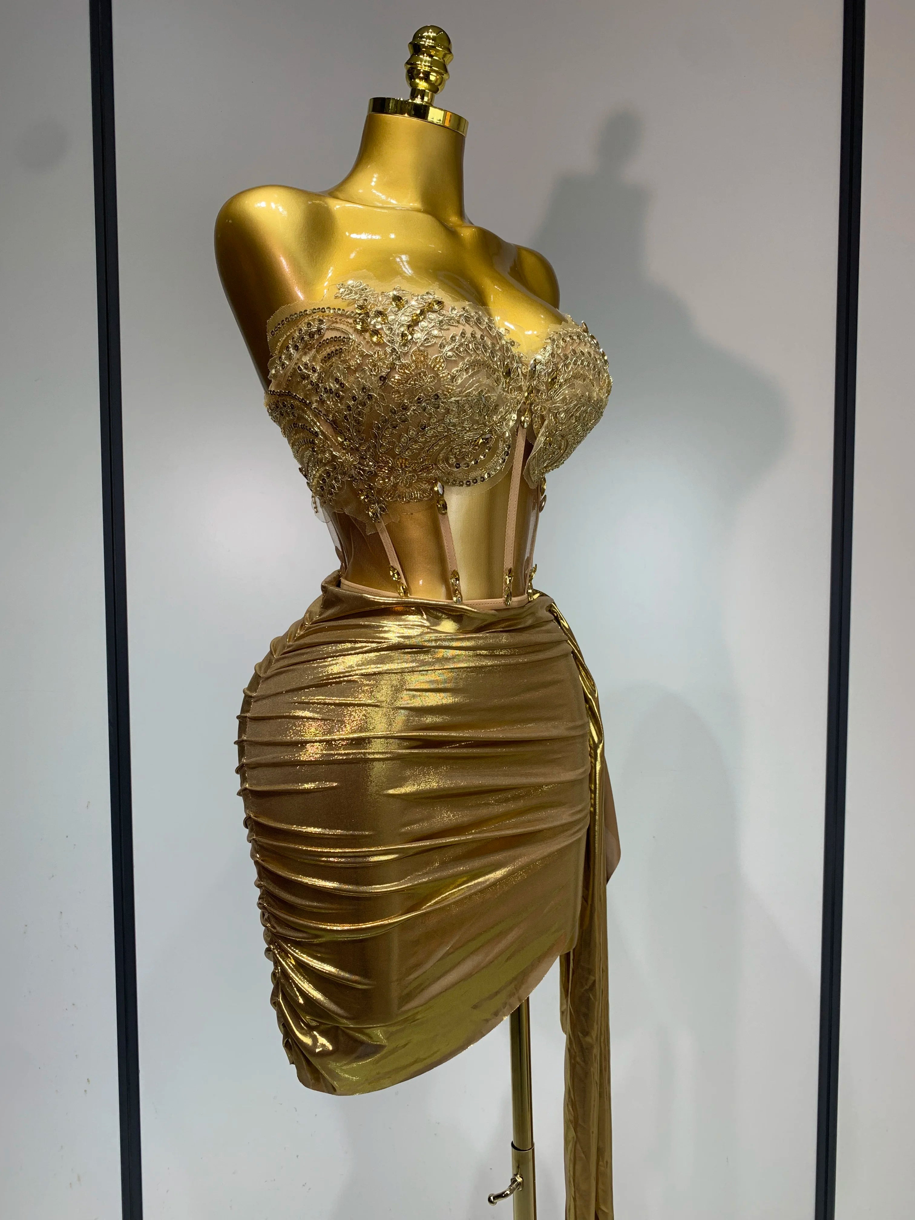 Women Sexy Strapless Sequins Rhinestone Gold Dress Glitter Top Two Pieces Sets Birthday Evening Party Club Singer Stage Outfit