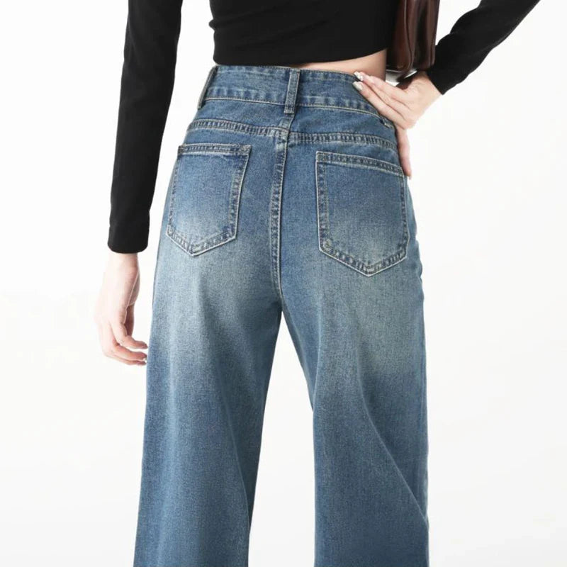 Plus Size XS-XL Wide Leg Women's Jeans High Waist Straight Loose Long Pants Female Blue Color Denim Pants Rework Spring Summer