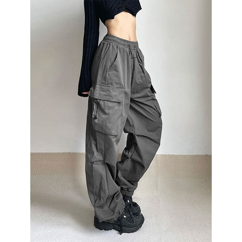 Women Parachute Cargo Pants Hip Hop Streetwear Casual Harajuku Elastic Waist Wide Leg Pants Fashion New Solid Straight Trousers