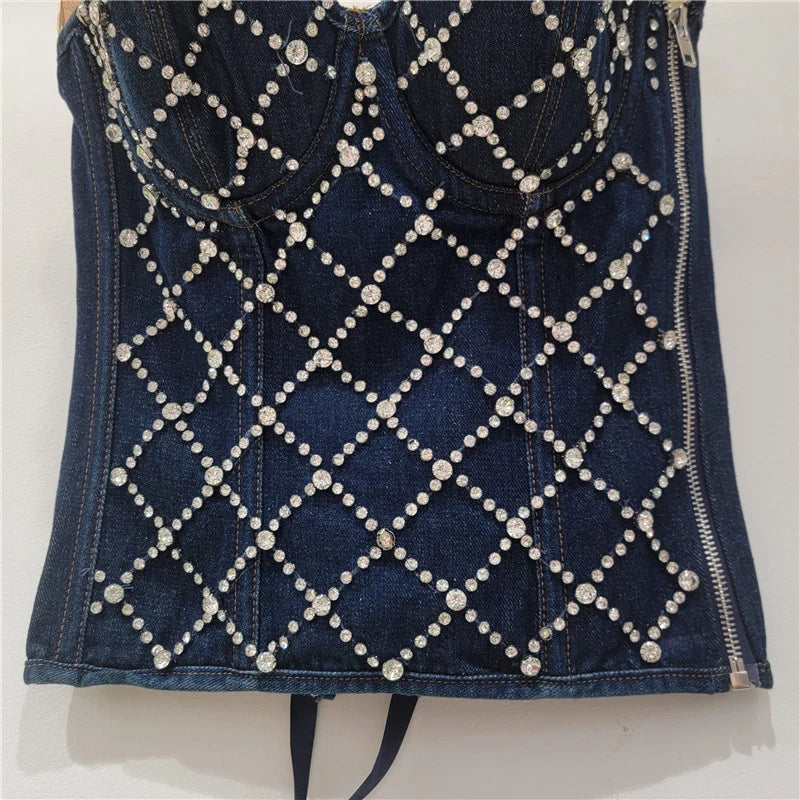 DEAT 2026 Spring Fashion New Back Bandage Beaded Denim Vest For Women Lace-up Slim Fit Zipper Tank Top Female Trendy 11A07881