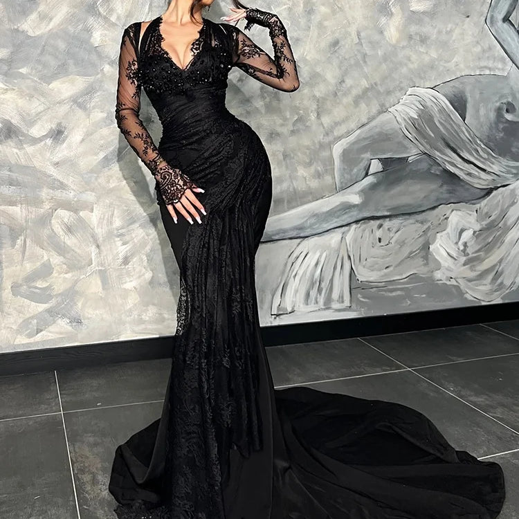 VC Elegant Black Lace V-Neck Mermaid Dress Gown with Sheer Sleeves for a Formal Dinner