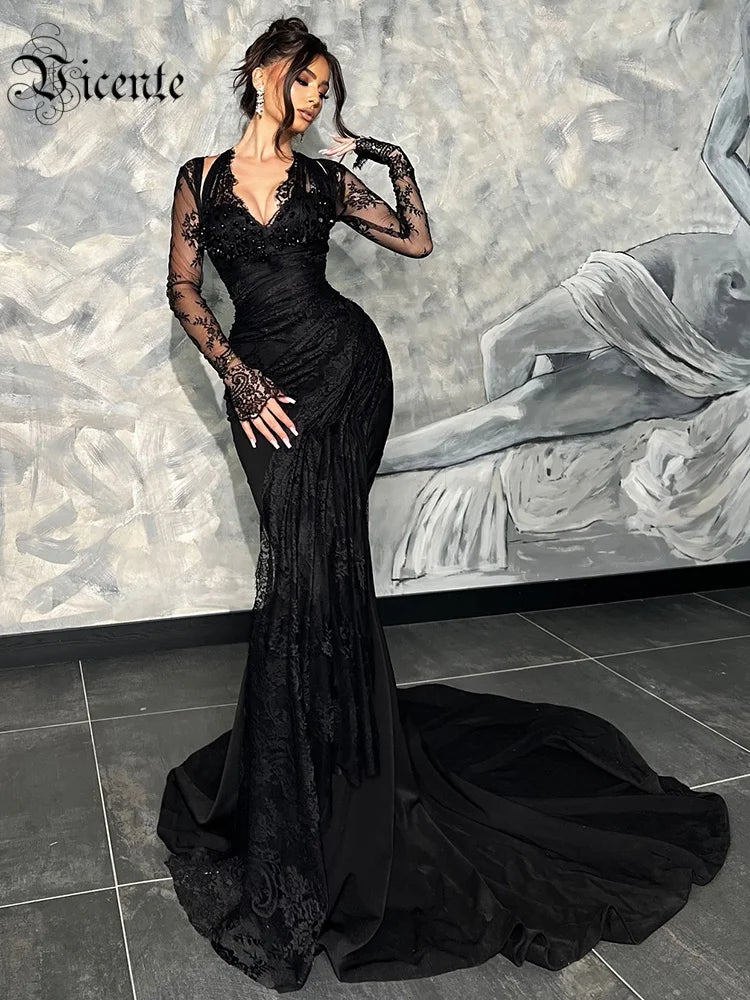 Elegant Black Lace V-Neck Mermaid Dress Gown with Sheer Sleeves for a Formal Dinner