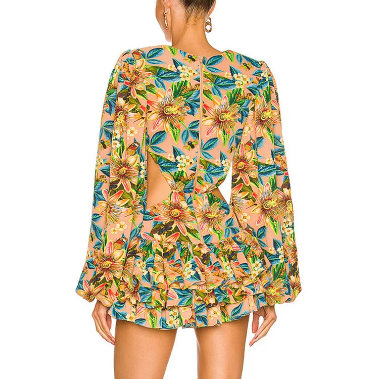 Women Summer Style Sexy Long Sleeve Hollow Out Floral Pleated Mini Bodycon Dress 2022 Elegant Evening Party Dress