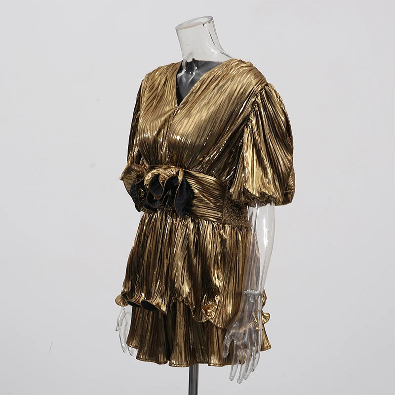 Loose Two Piece Sets for Women V Neck Short Sleeves Spliced 3D Flowers Top Patchwork Elastic Waist Shorts Female