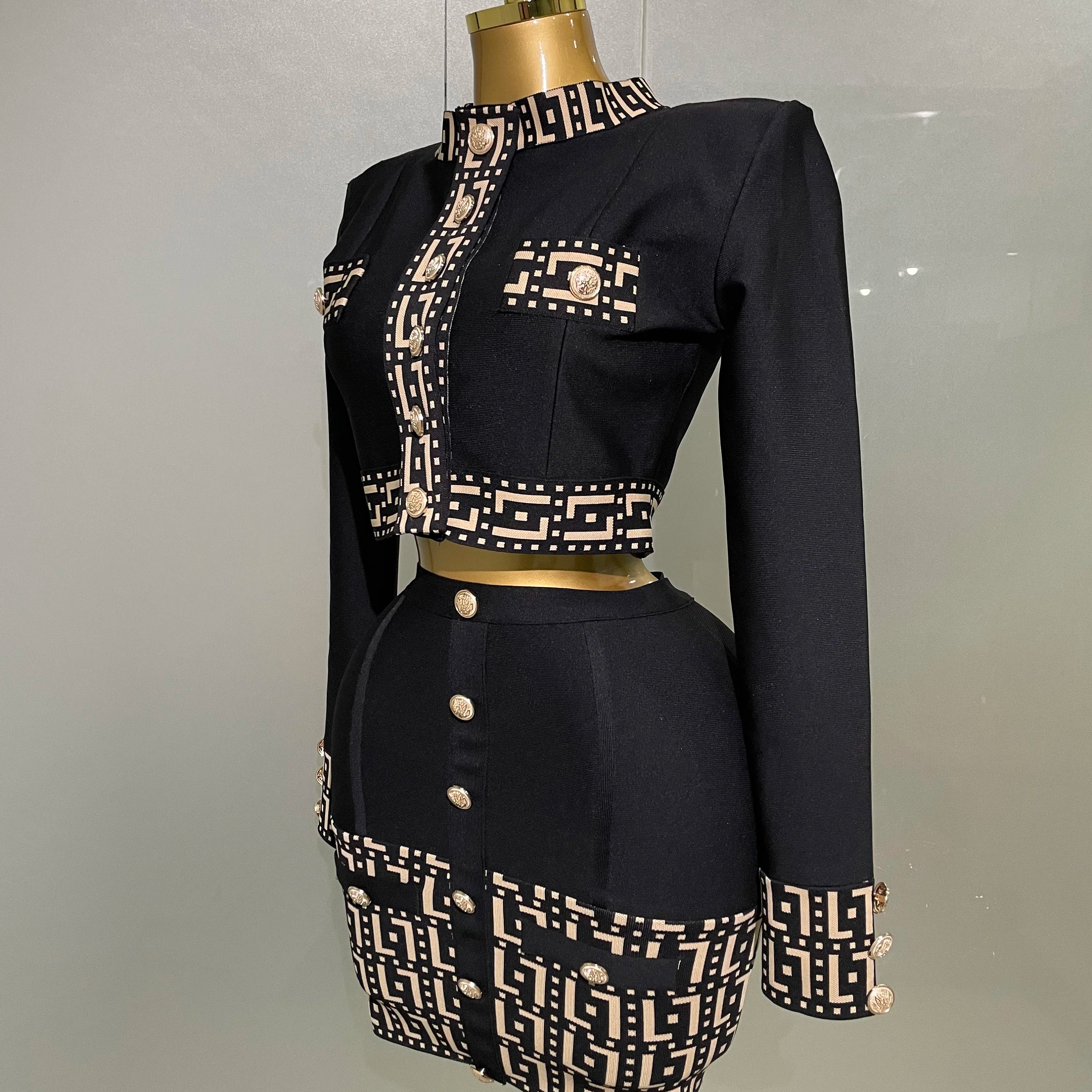 2025New Trendy Black Long Sleeves Two Pieces Bandage Set Button Top Short Skirt Suit Evening Party Women's Outfit Nightclub Wear