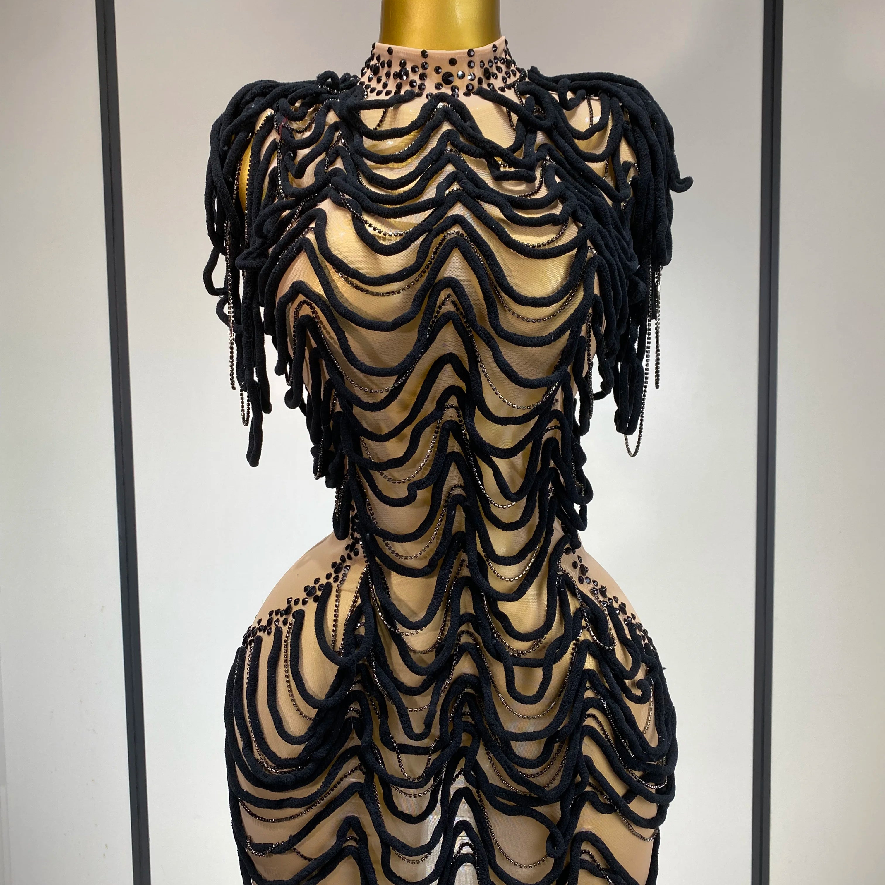 Women Sexy Fashion Short Dress Mesh Designer Rhinestones Chain Stage Costume Nightclub Celebrate Party Performance Outfit black