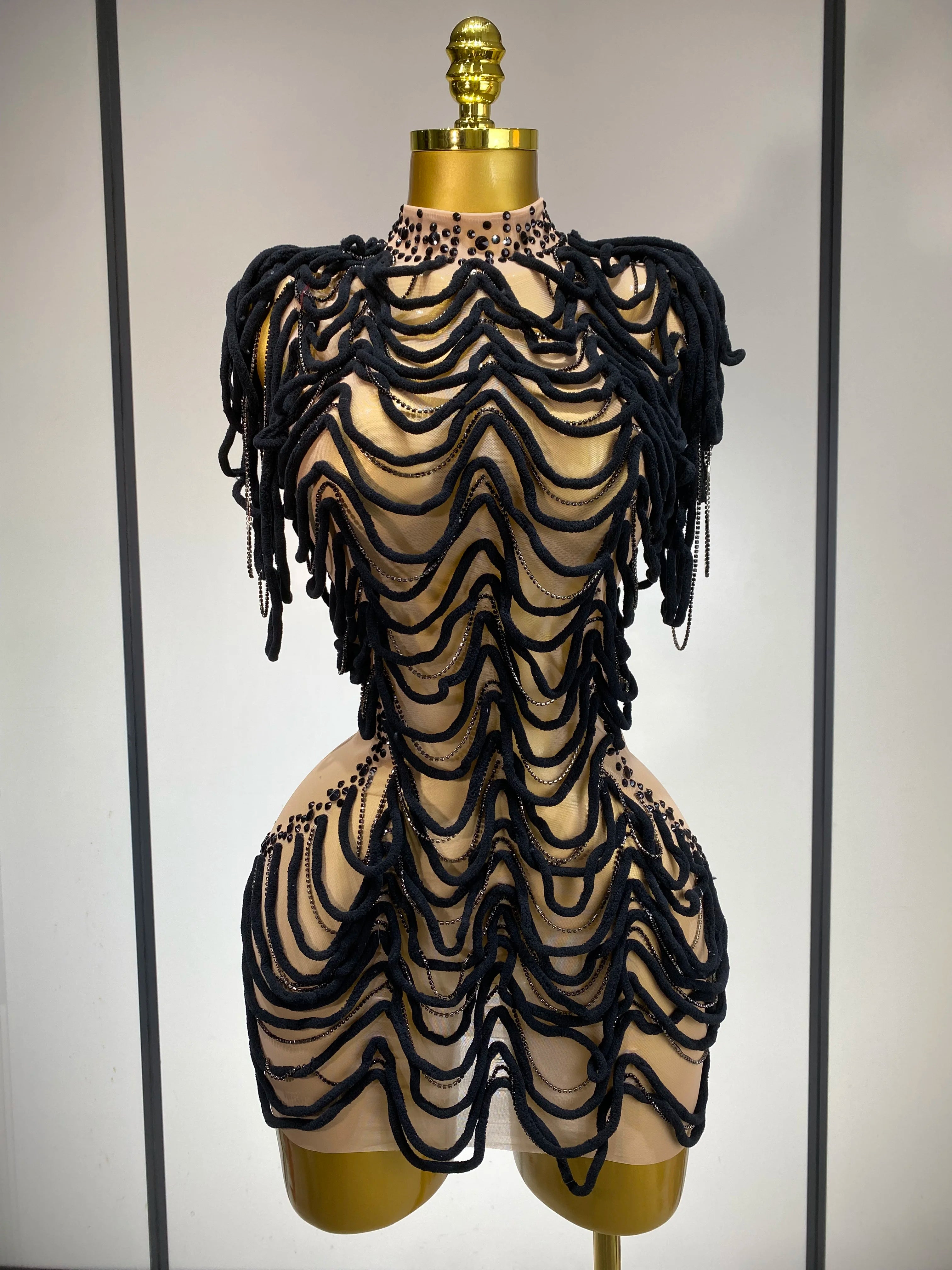 Women Sexy Mesh See Through Designer Rhinestones Chain Stage Performance Costume Nightclub Celebrate Party Luxury Birthday Dress black