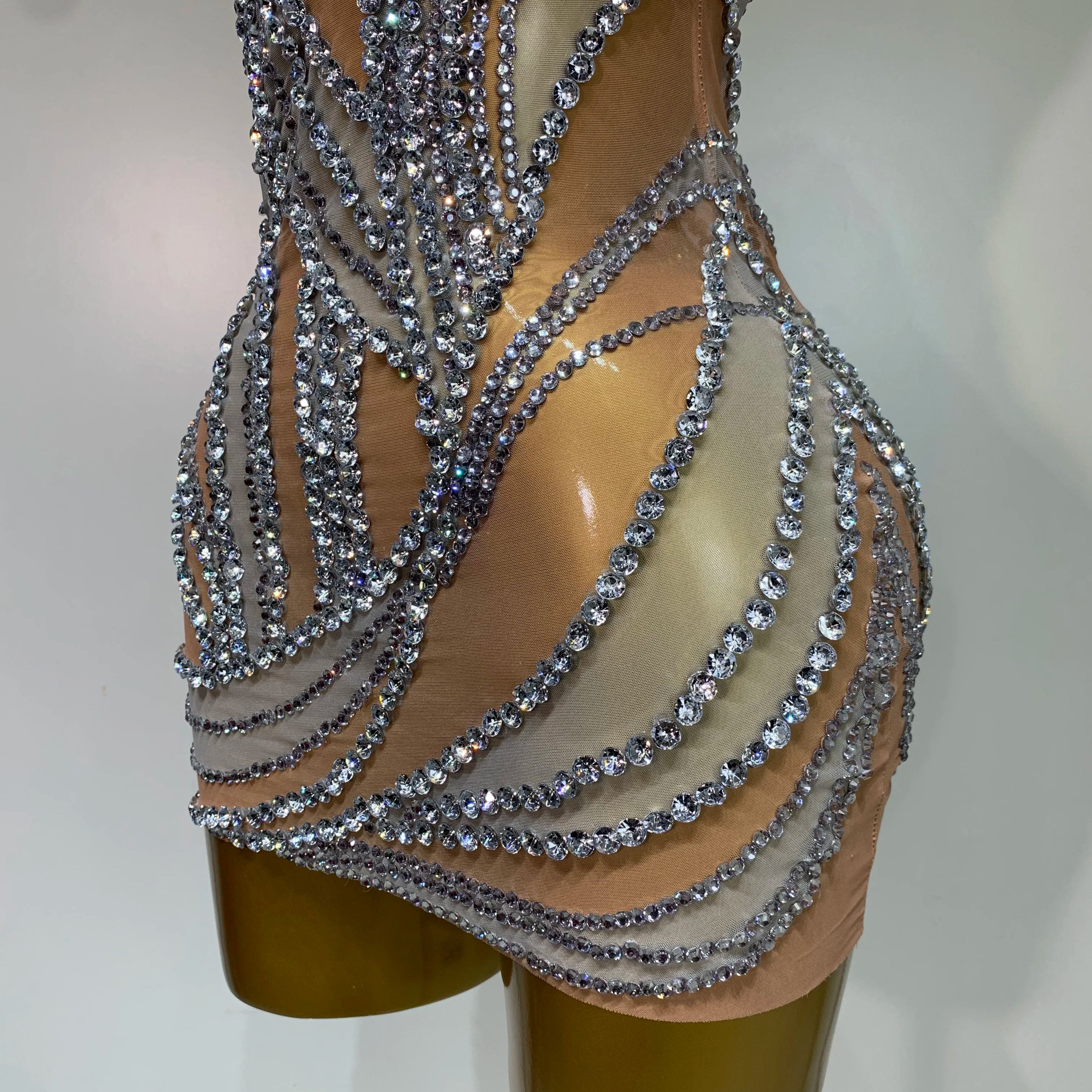 Sparkly Crystals See Through Women Cocktail Dresses Celebrate Birthday Party Gowns Singer Performance Stretch Stage Costume