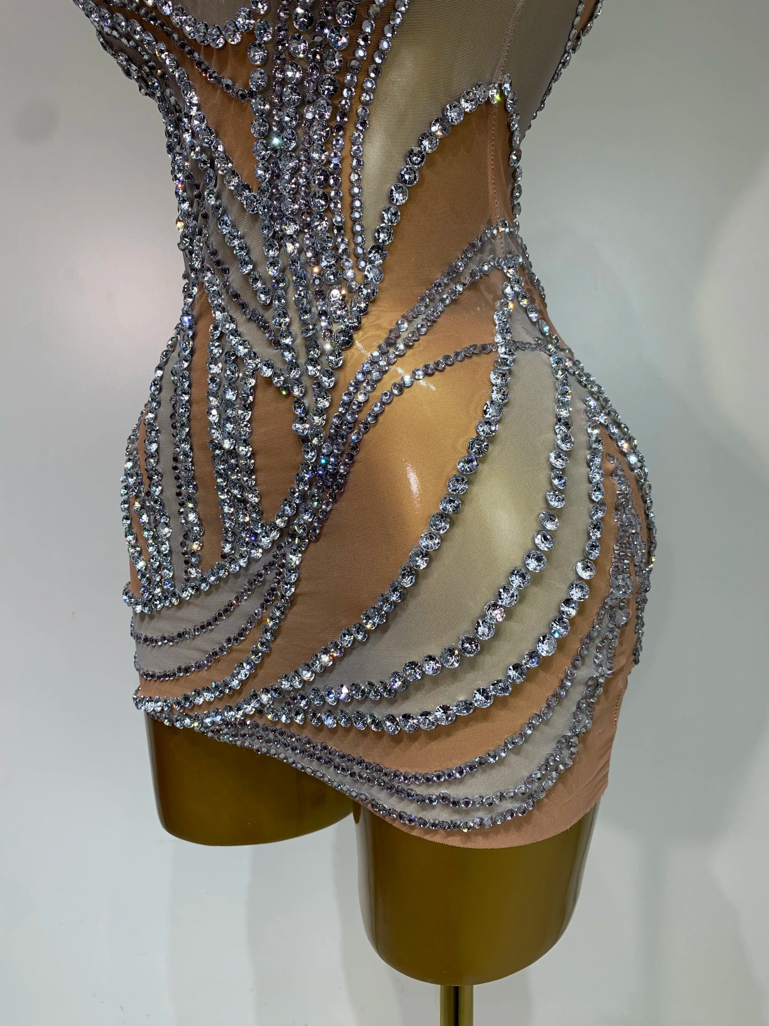 Sparkly Crystals See Through Women Cocktail Dresses Celebrate Birthday Party Gowns Singer Performance Stretch Stage Costume