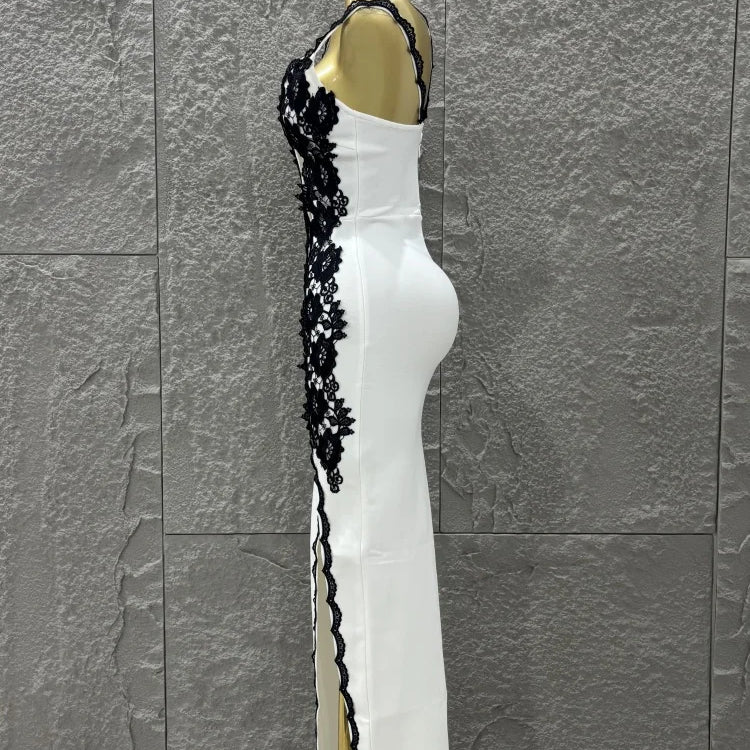 Top Women Sexy One Shoulder Black Lace Bodycon Long Bandage Dress Fashion Celebrate Evening Party Birthday Outfit