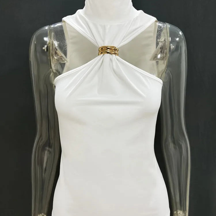 Mozision Turtleneck Basic Knit Tank Tops Women Vest Pullovers Metal Ring Camisole Sleeveless Skinny Knitted Tops Y2K Cropped Top