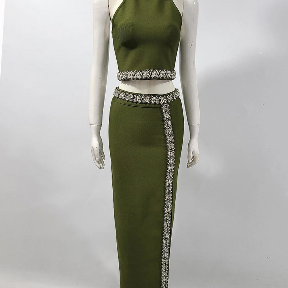 2025 Black Army Green Bandage Two Pieces Sets Sexy Diamond Bead Halter Top Long Skirt Women Bodycon Clothing Elegant Party Sets