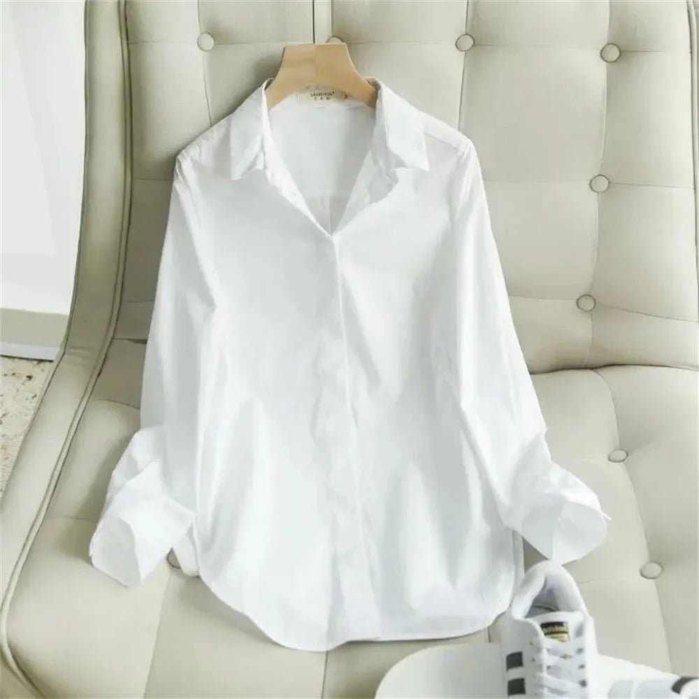 Spring and Summer Women's White Shirt Basic Korean Version Loose Casual Office Shirt Work Professional Top Solid Color 1