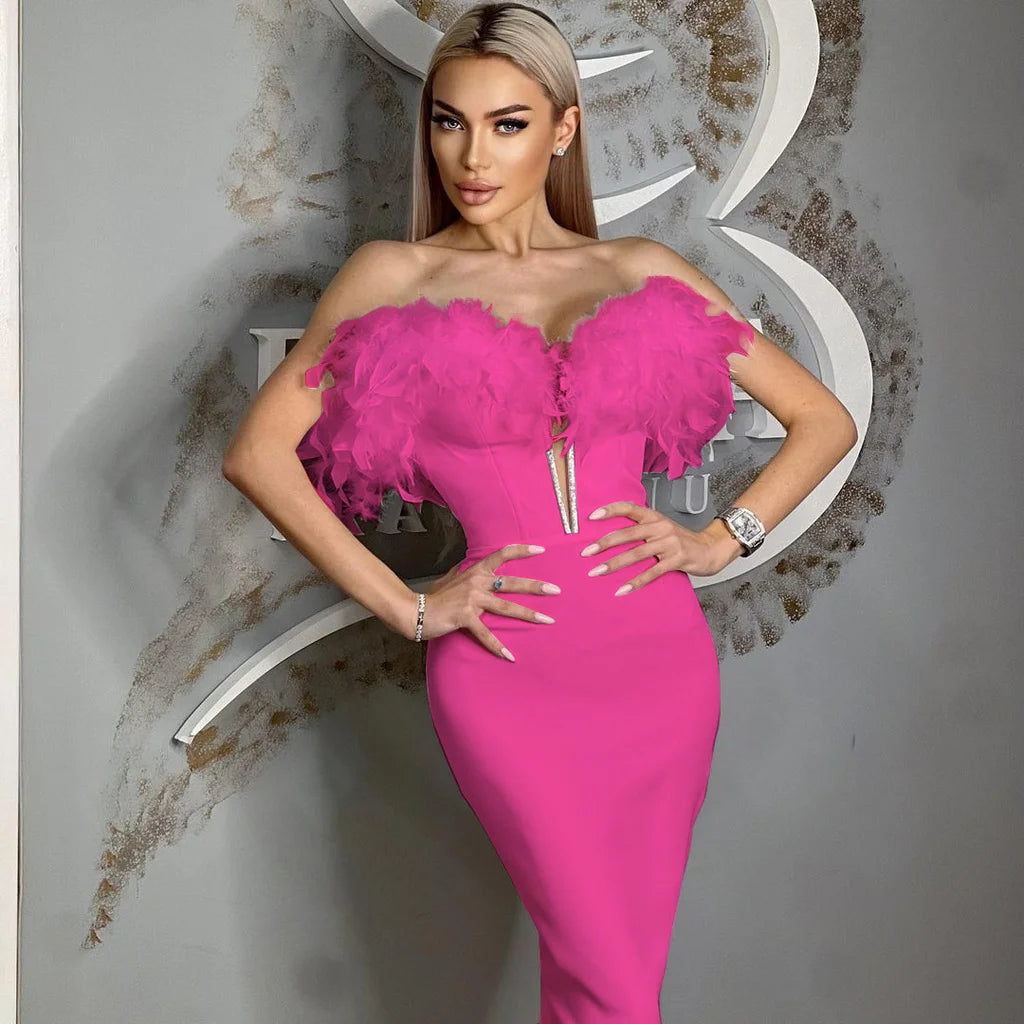 STOCK 3 Colors Gorgeous Feathers Shining Sequins V-Neck Strapless Mini Dress Woman Birthday Party Vestido NightClub Party Outfit Rose Red