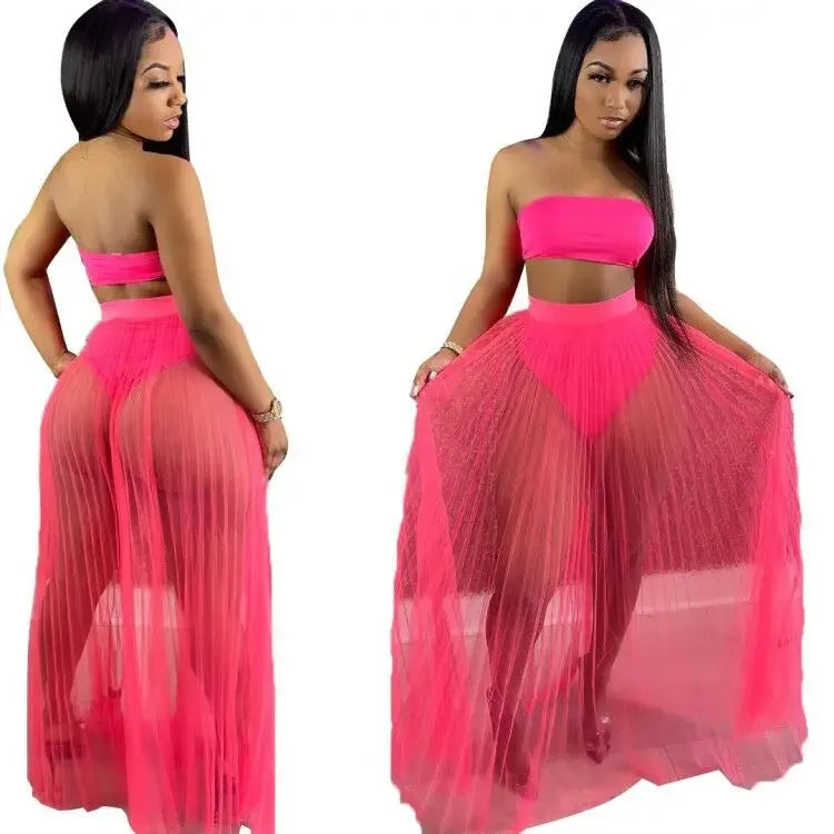 Women Mesh See Though Two Piece Set Sexy Beach Strapless Tops and Pleated Maxi Skirts Matching Set Summer Outfits Rose Red