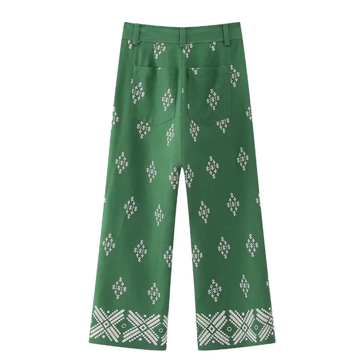 TRAF Women Fashion Embroidery Linen Straight Pants Vintage High Waist Zipper Fly Female Ankle Trousers Mujer