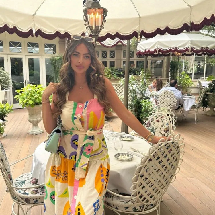 Print Square Neck Sling Midi Dress Women Single Breasted Belt Decoration A-line Dresses Summer Female Chic Beach Party vestido