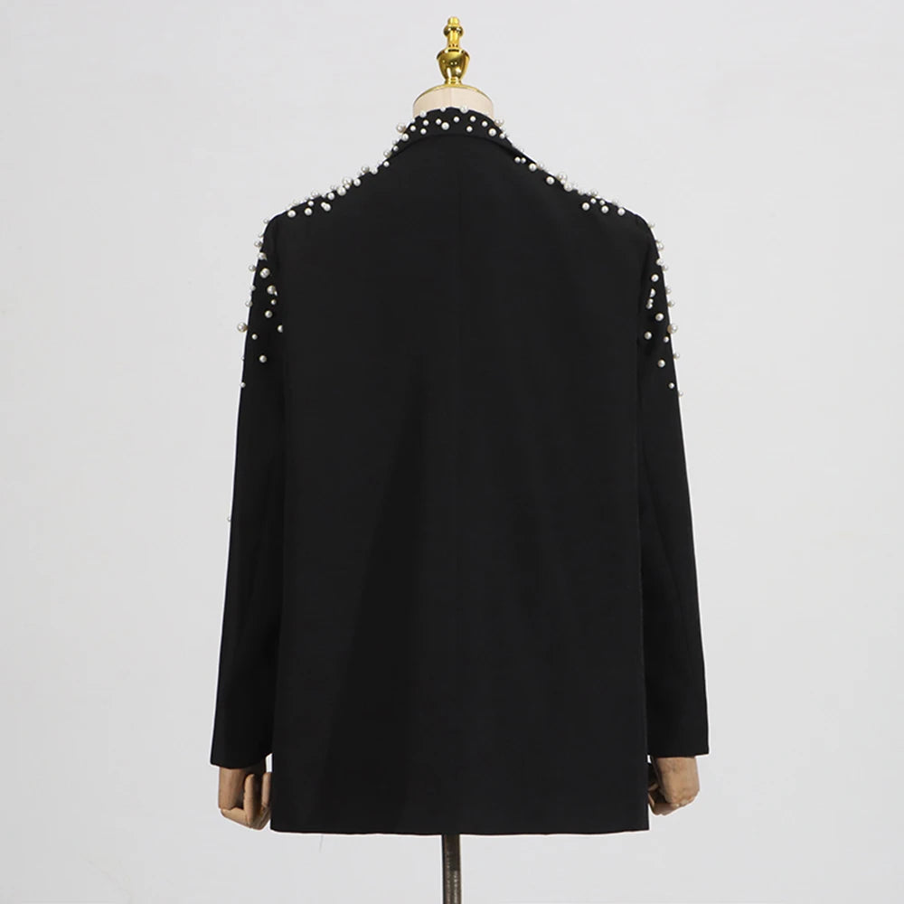 Solid Loose Spliced Appliques Elegant Jackets for Women Lapel Long Sleeves Patchwork Bead Luxurious Jacket Female