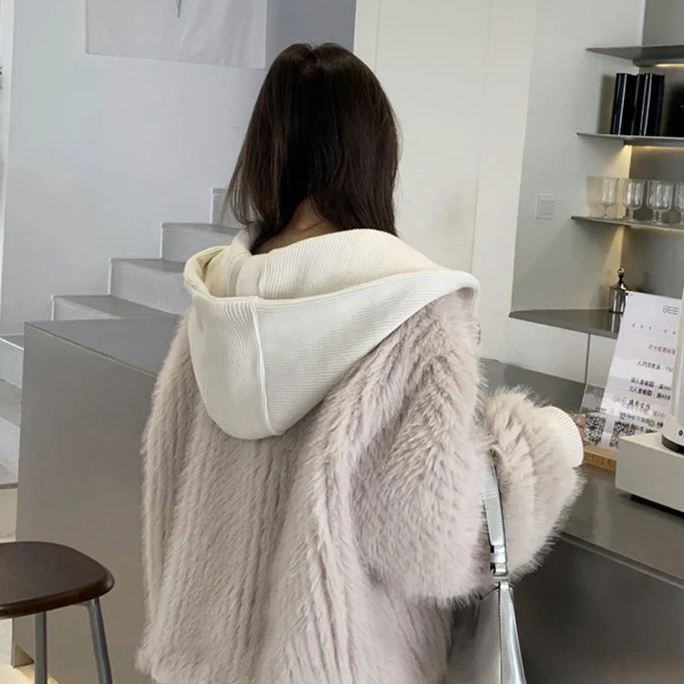 Autumn Winter Loose Casual Hairy Shaggy Soft Warm Faux Fur Coat Women with Hood Long Sleeve Zipper Korean Fashion 2022